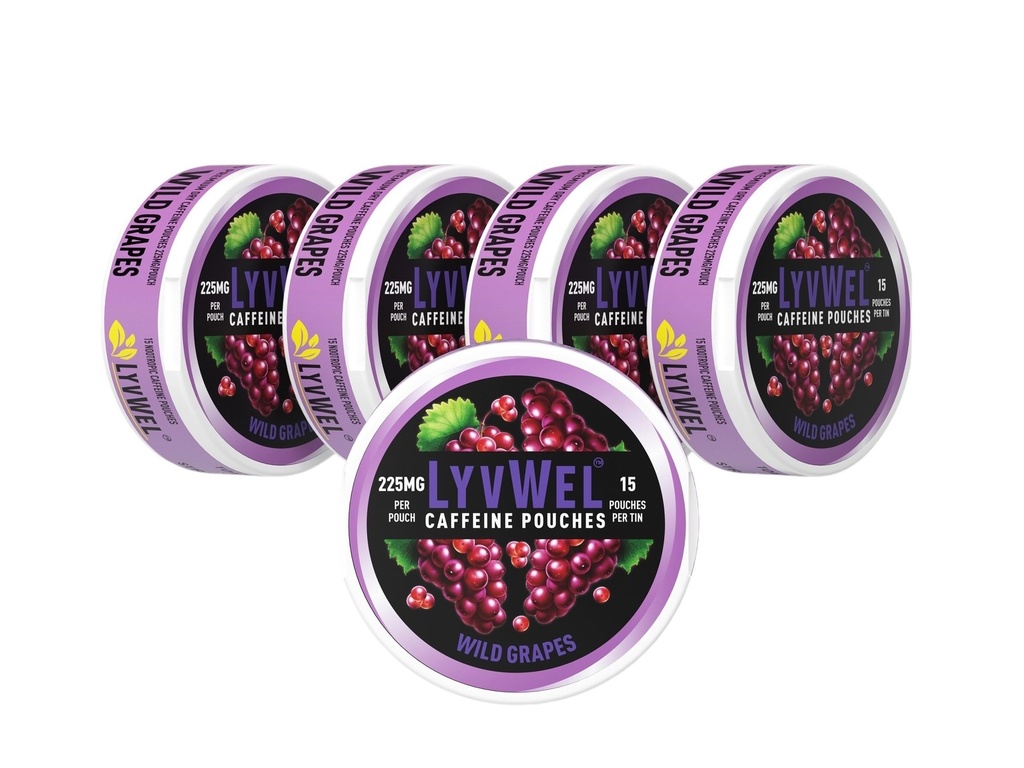 LyvWel 225mg Caffeine Energy Pouches – Wild Grapes 5-Pack (75 Pouches) – Bold Flavor, Clean Energy – Guarana-Infused Focus & Stamina for On-the-Go Performance
