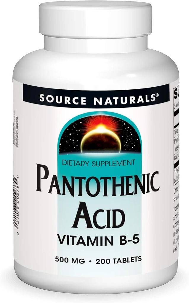 Fuente Naturales Ácido Pantoténico 500 mg Vitamina B-5 Suplemento dietético - 200 Tabletas