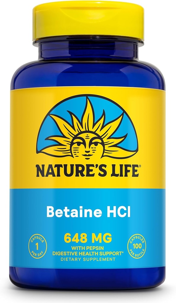 NATURE'S LIFE Betaine HCL with Pepsin - Digestive Health Formula with Digestive Enzymes for Gut Health Support - High Potency Hydrochloric Acid Supplement, 60-Day Guarantee, 100 Servings, 100 Capsules