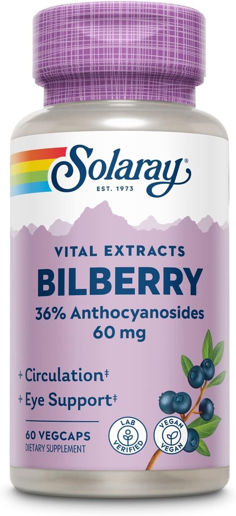 SOLARAY Bilberry Berry Extracto 60 mg  Powerful Antioxidant TEN Healthy Vision &amp; Circulation Support ← 60 VegCaps