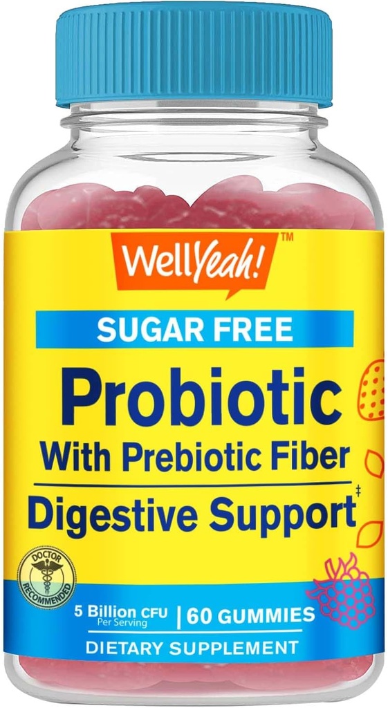 Probiótico Libre de Azúcar con Gummies Prebióticos (5 Billones CFU) - Apoyo Digestivo, Salud Gut y Soporte Vaginal - Maniquí Probiótico Estante, Prebióticos y Probióticos para Mujeres y Hombres - 60 Conde