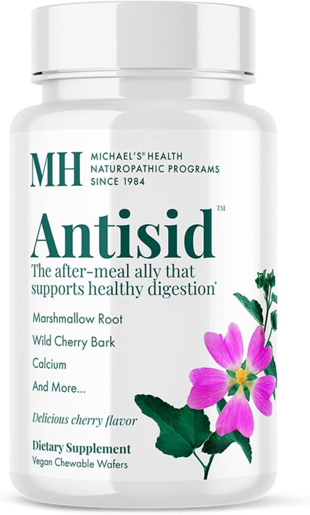 Programas Naturopáticos de salud de MICHAEL Antisid - 60 Wafers Chewable Vegan - Wild Cherry Flavor - Asistencia Digestión saludable - Kosher - 20 Servimientos