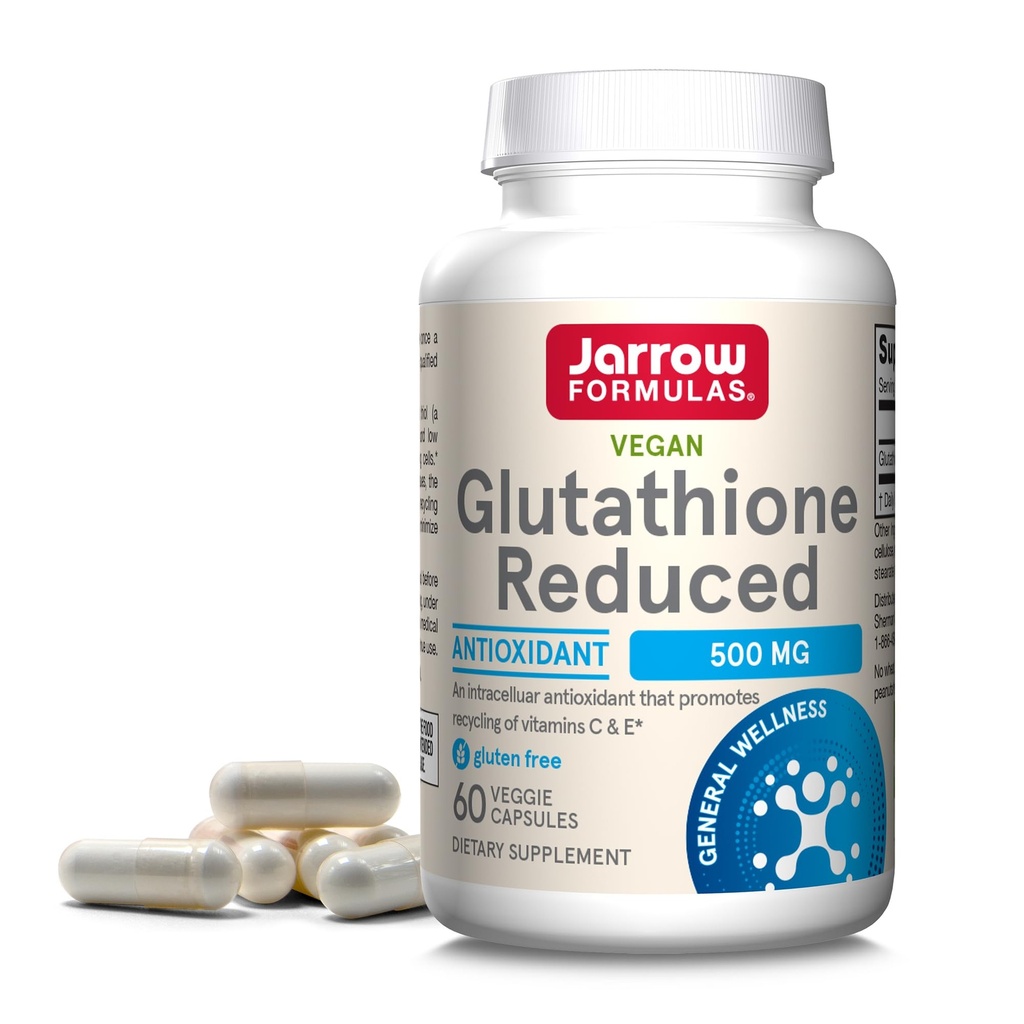 Fórmulas de Jarrow Glutathione Reducido 500 mg - 60 cápsulas de verduras - Antioxidante intracelular - Suplementos de Glutatión de calidad - Apoyo Reciclaje de vitaminas C &amp; E - No GMO - Gluten Gratis - Vegan