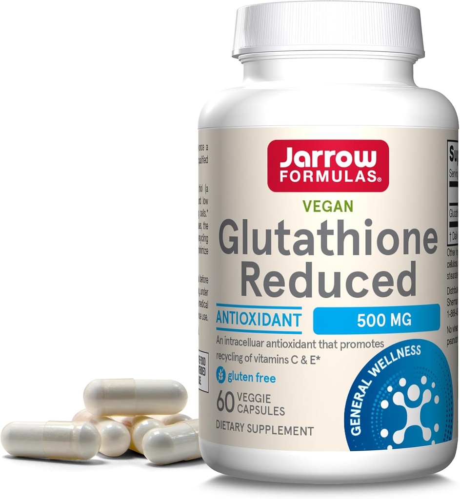 Fórmulas de Jarrow Glutathione Reducido 500 mg - 60 cápsulas de verduras - Antioxidante intracelular - Suplementos de Glutatión de calidad - Apoyo Reciclaje de vitaminas C &amp; E - No GMO - Gluten Gratis - Vegan