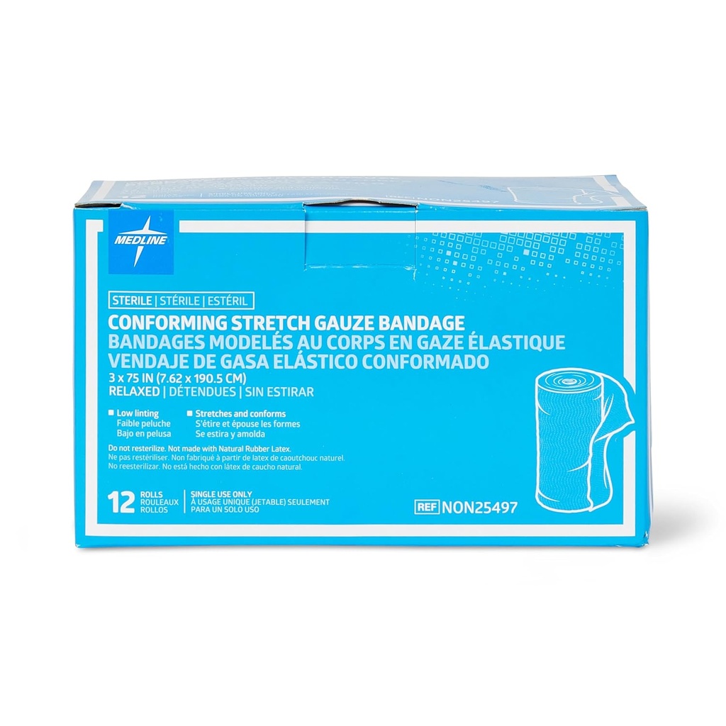 Medline Sterile Conforming Gauze Bandages, 3" x 75", Ideal para Wound Care, Pack de 96
