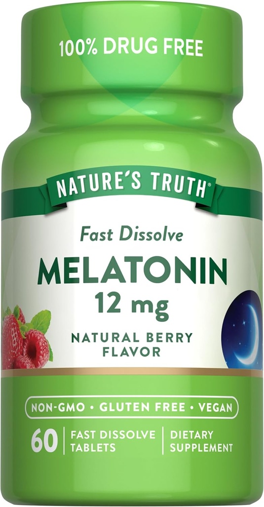 La verdad de la naturaleza Melatonin 12mg ← 60 Fast Dissolve Tablets  Natural Berry Flavor ← Vegan, Non-GMO &amp; Gluten Free Supplement