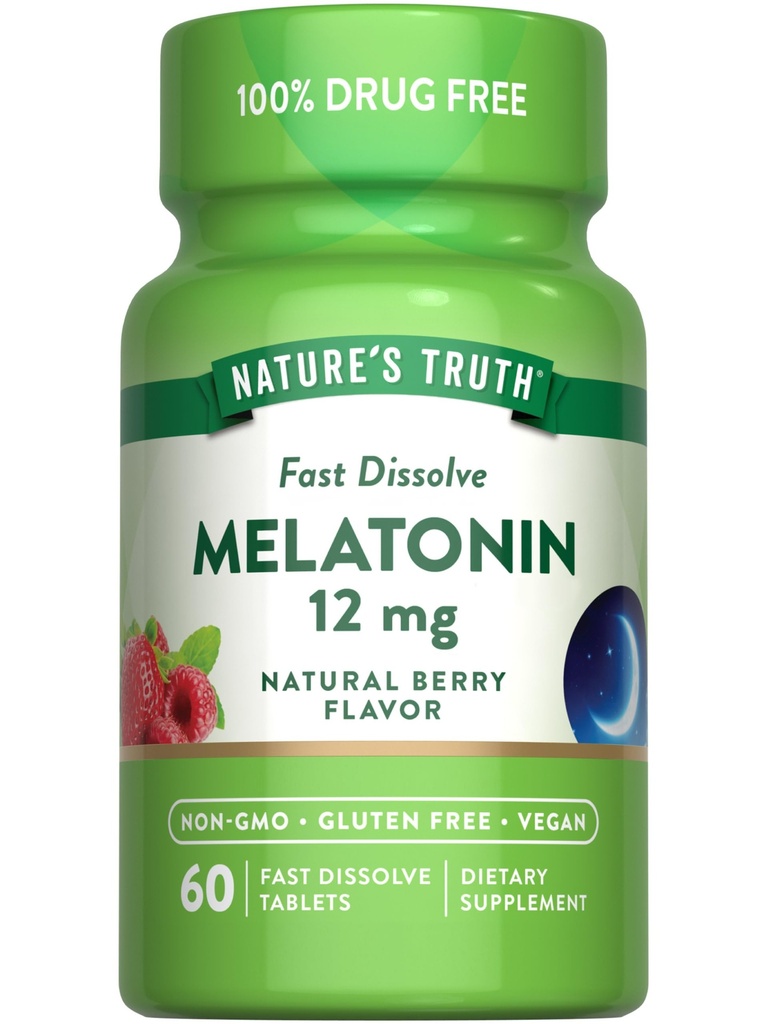 La verdad de la naturaleza Melatonin 12mg ← 60 Fast Dissolve Tablets  Natural Berry Flavor ← Vegan, Non-GMO &amp; Gluten Free Supplement