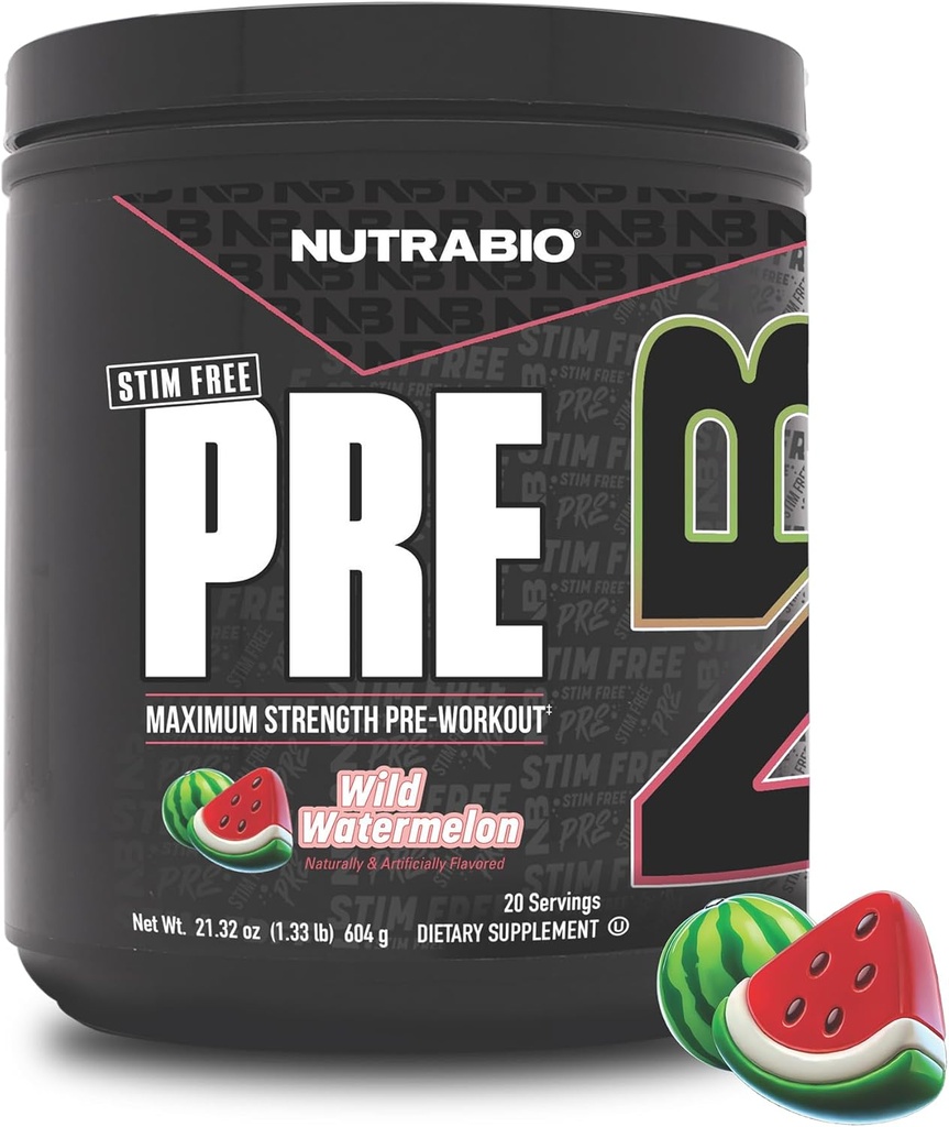 NutraBio STIM-Free PRE Workout for Hombre, Nueva Fórmula ← Laser Focus, Extremadas bombas ← Rendimiento, Resistencia ANTE 10g Citrulline, Beta Alanine, Nitrates, Nootropics, Electrolytes - 20 Serviciones Watermelon