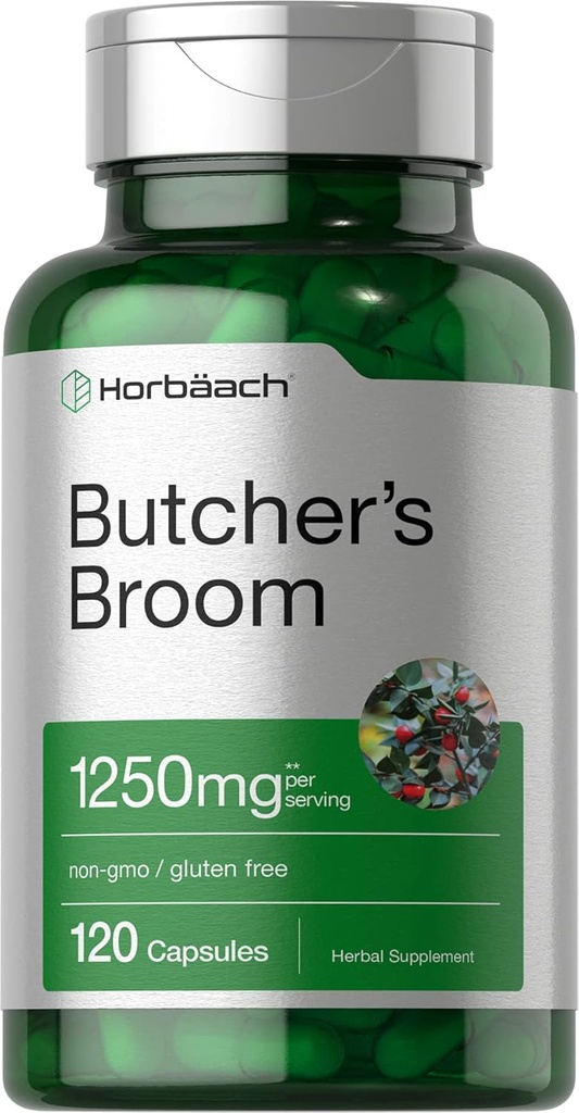Horbaach Butchers Broom Capsules 1250mg  120 Count ← Non-GMO, Gluten Free ← Tradicional Herb Root Extract Supplement