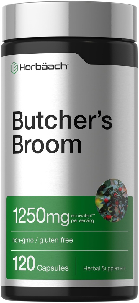 Horbaach Butchers Broom Capsules 1250mg  120 Count ← Non-GMO, Gluten Free ← Tradicional Herb Root Extract Supplement