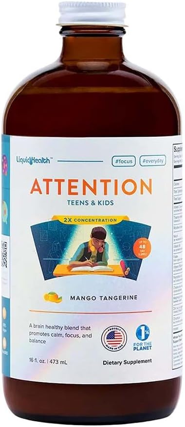 LIQUIDHEALTH Atención Multivitamínico Líquido para Adolescentes Infantiles - Mejora la Retención de la Memoria, Concentración, Focus, Mood, Relaxing - Hecho en EE.UU., Gran Sabor, Vegan, Libre de Azúcar (16 oz)