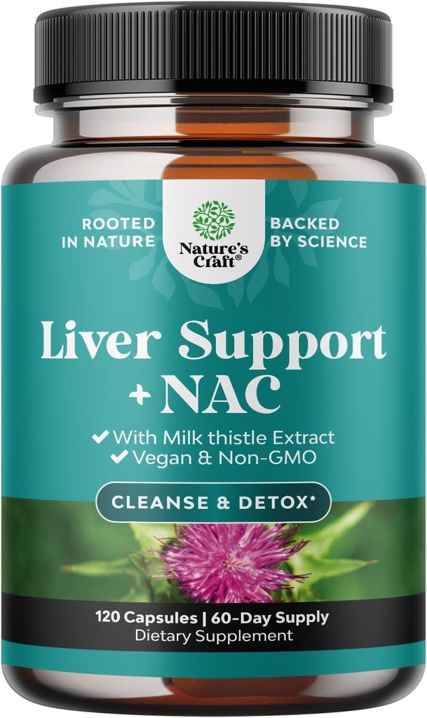 Soporte para el hígado NAC Suplemento con cardo de leche para la limpieza del hígado Detox &amp; Reparación - N Acetyl Cysteine Suplemento Limpiador con antioxidantes, Turmeric, Choline, Dandelion & L-Glutathione - 120 Caps