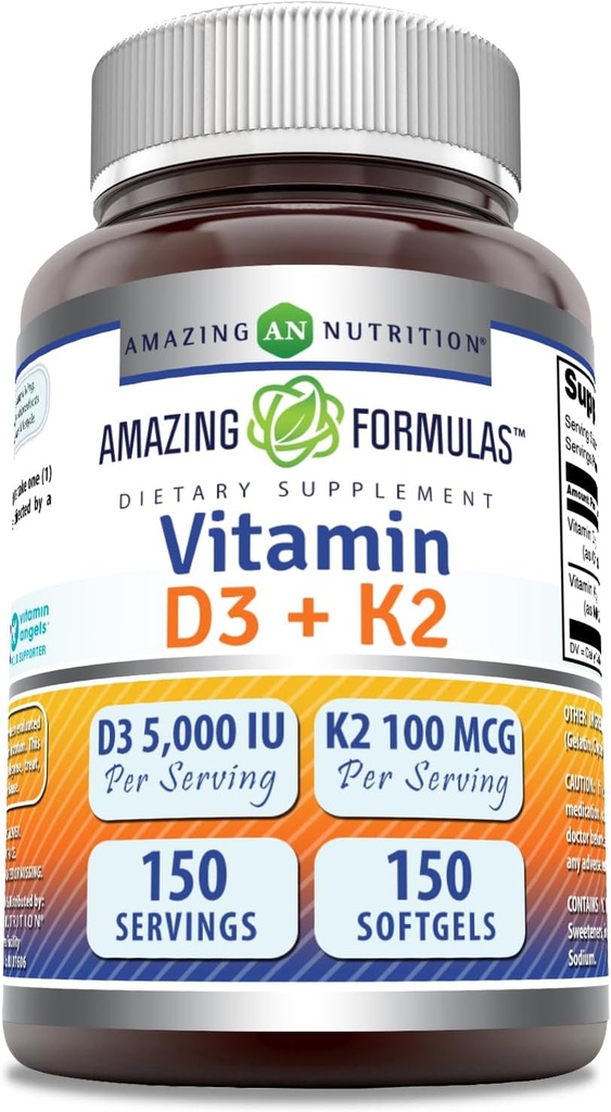 Fórmulas asombrosas Vitamina D3 5000 UI con Vitamina K2 100 Mcg TENIDO D3 + K2 Suplemento Complejo Silencio Softgels Silencio No-GMO ANTE Gluten-Free TEN Made in USA (1 Pack, 150 Cuenta)