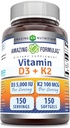 Fórmulas asombrosas Vitamina D3 5000 UI con Vitamina K2 100 Mcg TENIDO D3 + K2 Suplemento Complejo Silencio Softgels Silencio No-GMO ANTE Gluten-Free TEN Made in USA (1 Pack, 150 Cuenta)