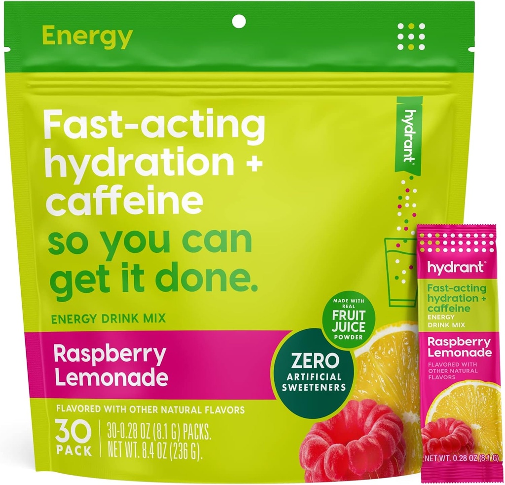 Hydrant - Electrolyte Powder Energía, Raspberry Lemonade Flavor, 30 Caffeine &amp; L-Theanine Energy Rehydration Stick Packs - Low Sugar Energy Powder for Daily Use
