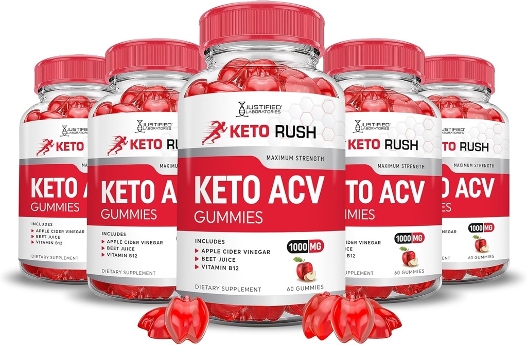 (5 Pack) Keto Rush Keto ACV Gummies Advanced Formula 1000MG Keto Rush Keto Gummies Apple Cider Vinegar Boost Formulated with Pomegranate Beet Juice Powder B12 Vegan Non GMO 300 Gummys