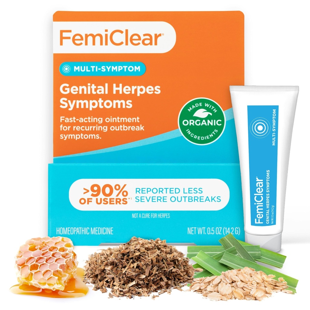 FemiClear Genital Herpes & Cold Sore Relief Ointment, 0.5 Oz, Fast-Acting Multi-Symptom Relief for Outbreaks, Burning, Itching, Tingling, Pain & Discomfort, All-Natural & Organic Ingredients