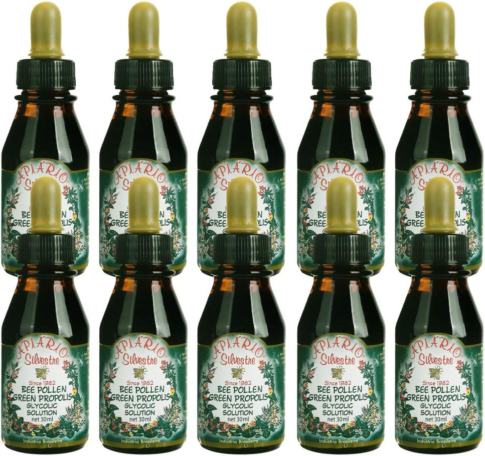 Distribuidor oficial - 10 botellas de Apiario Silvestre Bee Pollen &amp; Brazil Green Bee Propolis Liquid - Glic extract-Non Alcoholic, Wax Gratis, Sugar Free