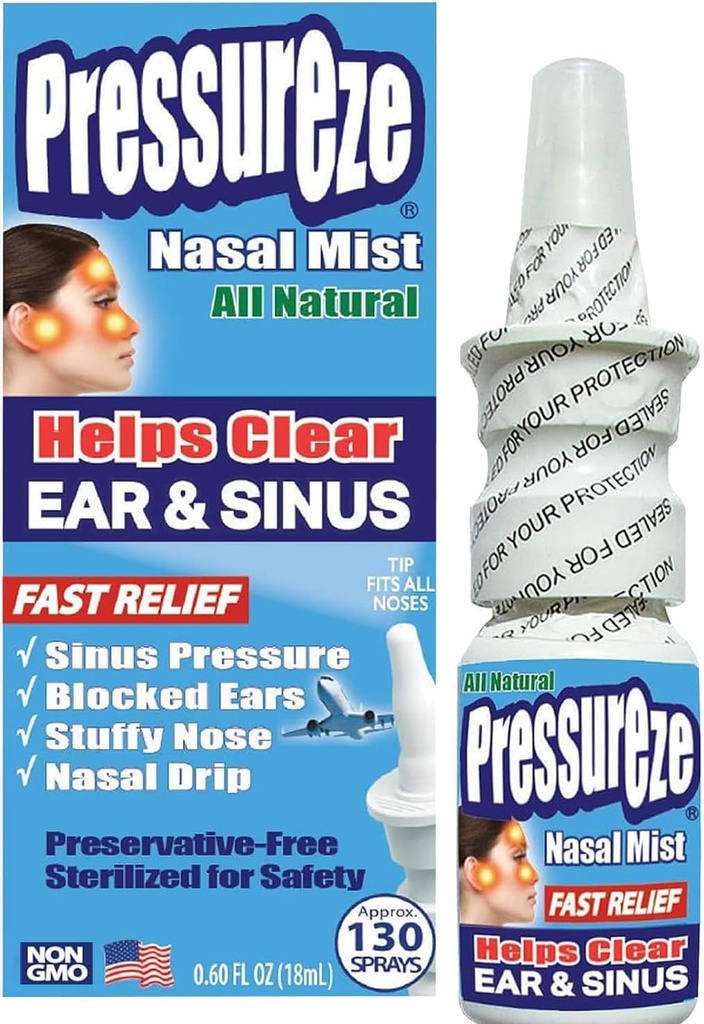 Presión Nasal Spray - All Natural Preservative-Free Sterile - Fast Relief Nasal Spray - para Alergias Sinus Congestión Orejas bloqueadas Loud Snoring ← 130 Sprays, 18 ml
