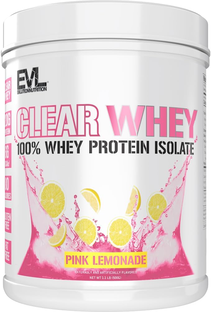 Evlution Nutrition Clear Whey - 100% Whey Protein Isolate - for Muscle Growth, Strength & Recovery - 20g Isolate Protein Per Serving - Fast Absorbing - Gluten & Fat Free - 1.1lb - Pink Lemonade