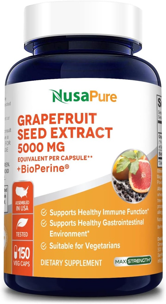 NusaPure Grapefruit Extract 5,000 mg por cápsula (Extract 10:1) Bioperina 150 Gotas vegetarianas (Vegan, Gluten Free, Non-GMO)