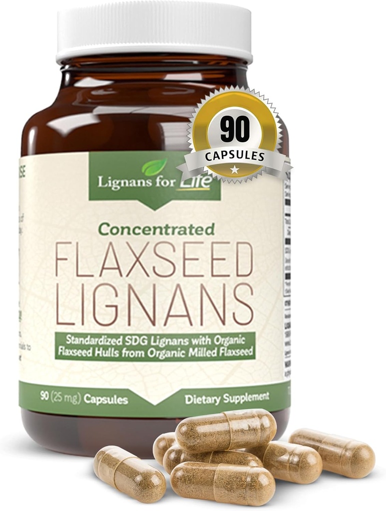 Lignans for Life Flaxseed and SDG - Omega 3 Fatty Acids, Fiber Antioxidants - Ayuda a mejorar la carne brillante, digestiva y la salud cardíaca, 25 mg, 90 cápsulas, 1 paquete
