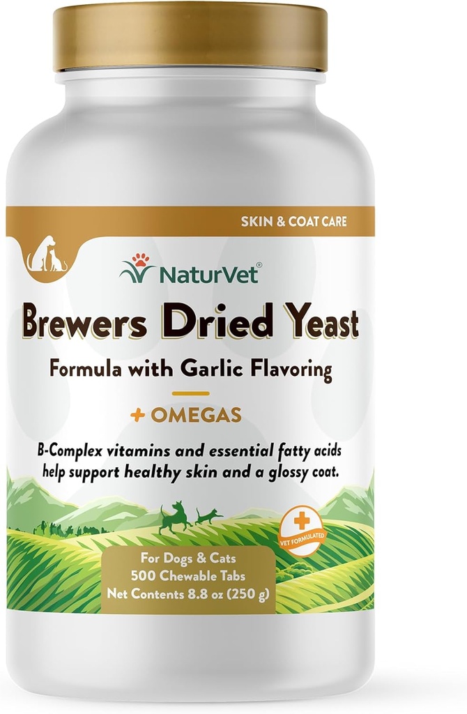 NaturVet La levadura seca Suplemento de mascotas con sabor a a ajo – Incluye vitaminas B-Complex, Omega-3, 6, &amp; 9 ácidos grasos – ayuda a apoyar la carne de resplandor, piel sana para perros, gatos 500 Ct.