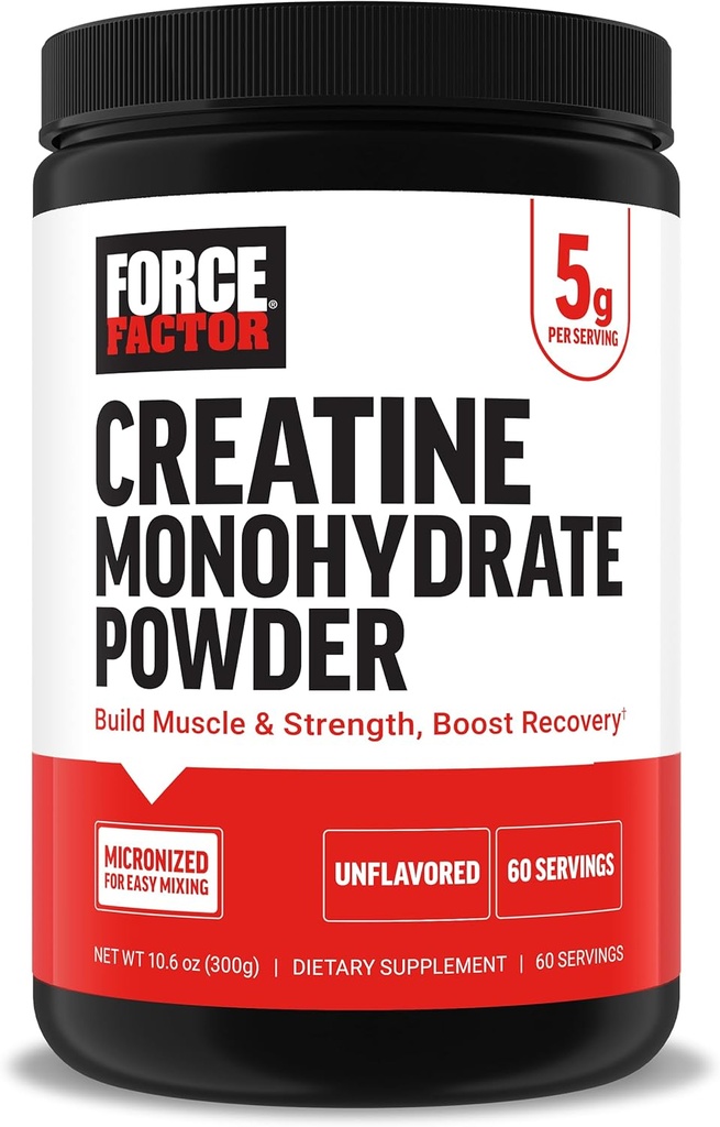 Force Factor Creatine Monohydrate Powder, 5g Micronized Dose to Support Muscle Growth, Strength, Recovery, Cognitive Health & Memory, Unflavored, 60 Servings
