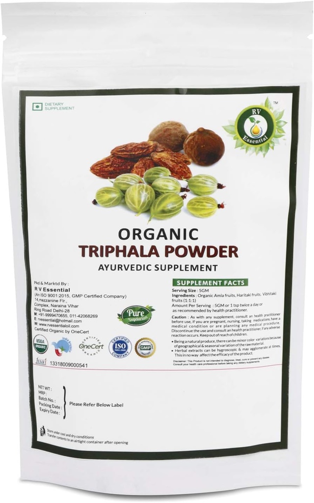 R V Orgánica Esencial Triphala Powder 100gm/ 3.53oz/ 0.22lb- Hecho de Haritaki, Vibhitaki y Amla 1:1 Triphala Churna Powder USDA Orgánica Certificada Suplemento Herbal Ayurvédico en Cierre de Zip Pouch