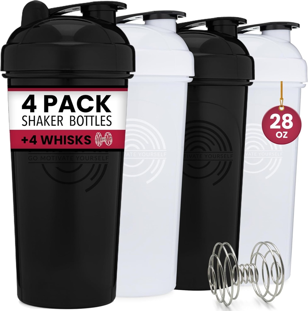 GOMOYO 4-Pack - 28 Ounce Protein Shaker Botella para Mezclas, 4xWire Whisk, Leak Proof Bulk Suplemento Mezcla y Pre-Workout Shaker Cups, Dishwasher Safe &amp; BPA Gratis, Negro &amp; Blanco