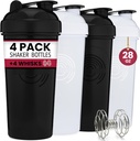 GOMOYO 4-Pack - 28 Ounce Protein Shaker Botella para Mezclas, 4xWire Whisk, Leak Proof Bulk Suplemento Mezcla y Pre-Workout Shaker Cups, Dishwasher Safe &amp; BPA Gratis, Negro &amp; Blanco