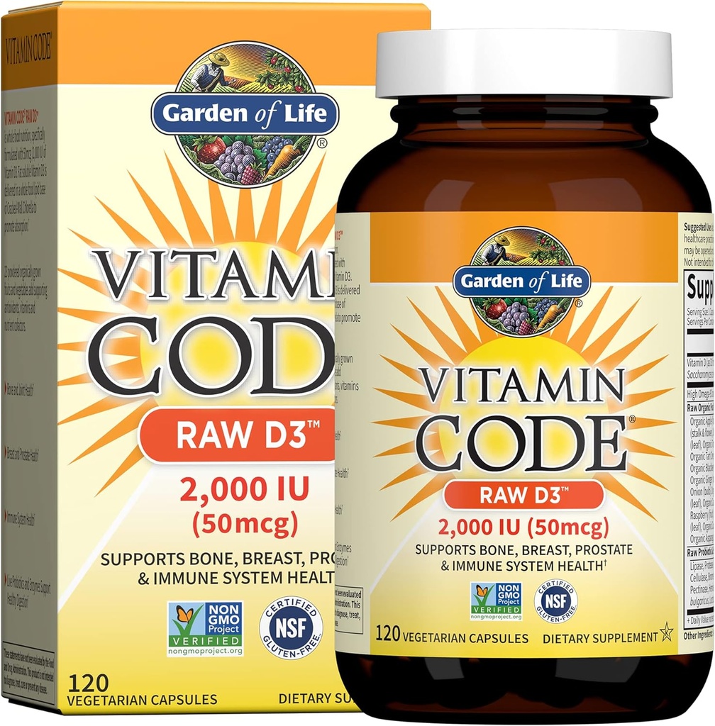 Garden of Life Vitamin D, Vitamin Code Raw D3, Vitamina D 2,000 UI, Raw Whole Food D3 Suplementos con Clorella, Frutas, verduras y probióticos para la salud ósea, 120 cápsulas vegetarianas