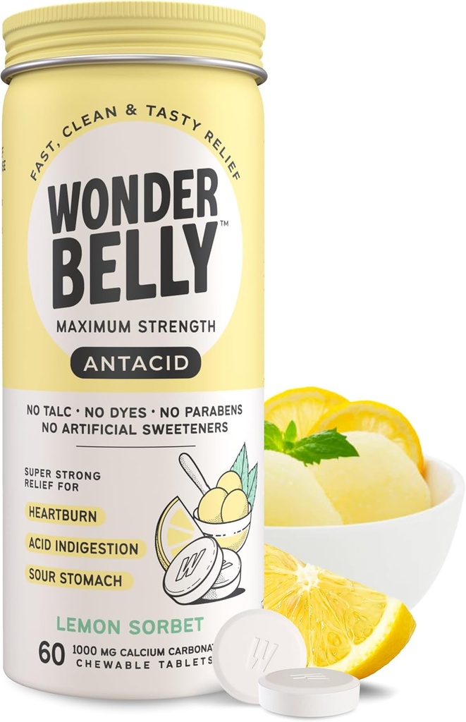 Wonderbelly Antacid, Effective Heartburn and Instant Acid Indigestion Relief, Extra Strength Chewable Tablets, 1000 mg Calcium Carbonate, No Talc or Dye, Lemon Sorbet, 60 Cuenta