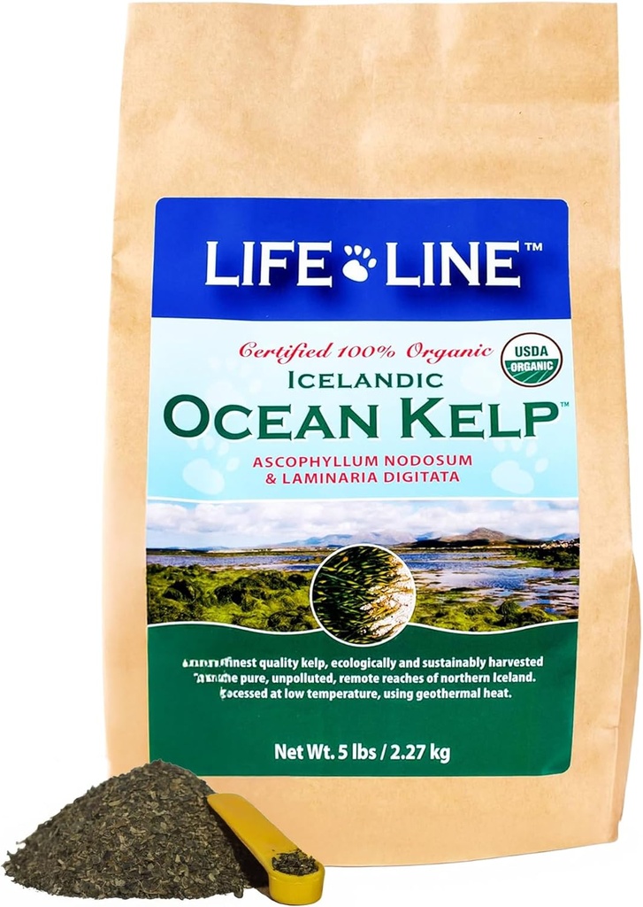 Life Line Certified Organic Ocean Kelp Supplement for Dogs, Cats & Horses TEN Boosts Coat Health, Reduce Shedding, Fights Plaque " Tartar, Supports Digestion, USDA Certified - 5 lb