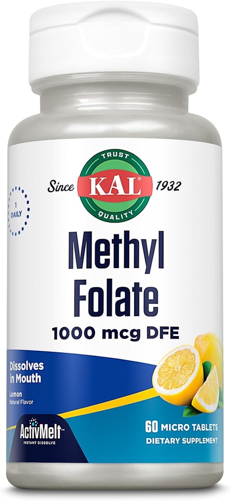 KAL Methyl Folate 1000 mcg, 5-MTHF Active Form, Folic Acid Supplement, Heart Health, Prenatal, Mood and Brain Support, Vegetarian, Natural Lemon ActivMelt, 60-Day Guarantee, 60 Serv, 60 Micro Tablets