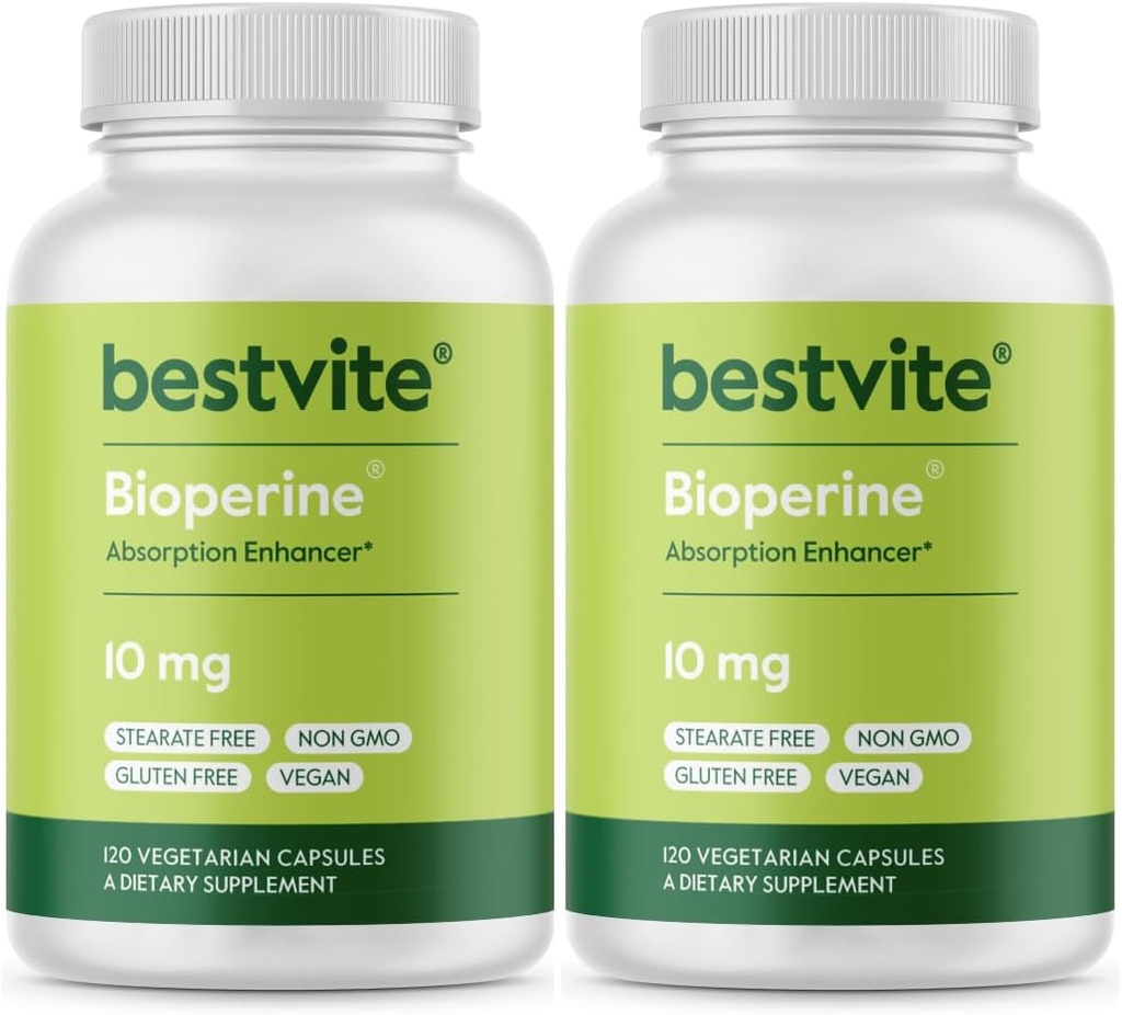 Bioperina 10mg (240 cápsulas vegetarianas) (120 x 2) - No Stearates - Vegan - No GMO - Gluten Gratis - Absorción Enhancer