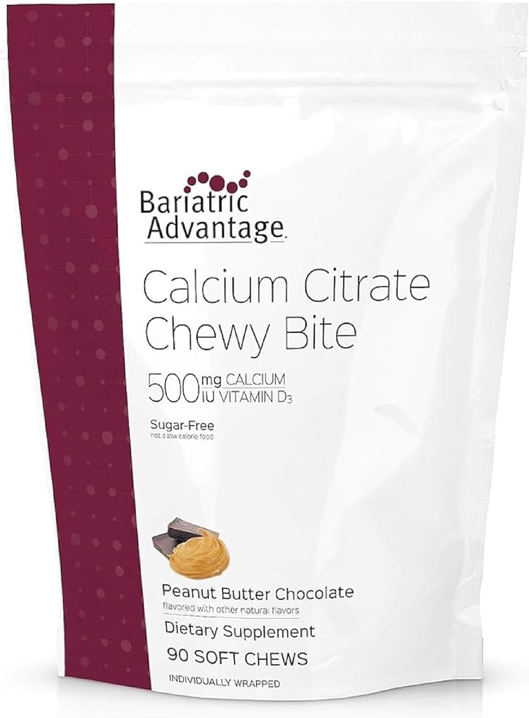 Bariatric Advantage Calcium Citrate Chewy Bites 500 mg - Highly Absorbable & Digestible - Vitamina D3 - Suplemento de Calcio Fácilmente Chewable - Chocolate de mantequilla de maní - 90 Conde