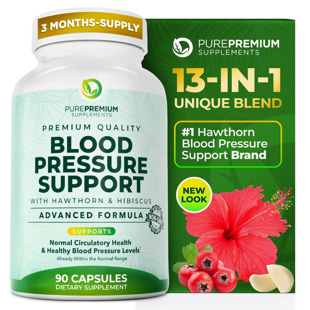 Suplementos de Premium Blood Pressure con Berry Hawthorn, Hibiscus, Ajo &amp; Vitamina B12- Suplemento de óxido nítrico para la salud normal del corazón, Circulación Salud &amp; Presión arterial - 90ct