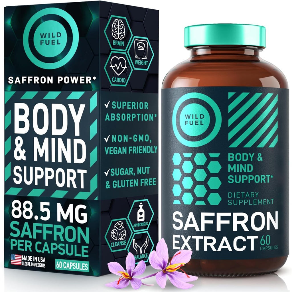 Suplementos de Saffron para Mujeres y Hombres - 88.5mg Extracto puro de Saffron - Antioxidante, Salud Ocular, Apoyo Energético y Booster de Mood - Vegan, Hecho en EE.UU., 60 cápsulas una vez diaria