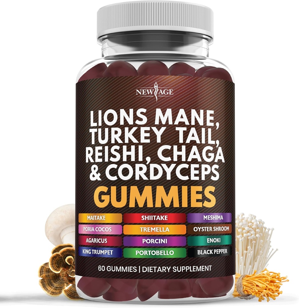 NUEVA AGE Mushroom Lion's Mane Supplement Gummies - Mushroom Supplement with Reishi, Cordyceps - 60 Count