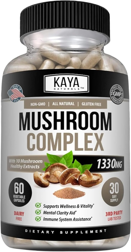 Kaya Naturals Premium Mushroom Complex Potent - Mushroom Complex Capsules 1330mg Por Serving - Aids Mental Clarity Supports Immune System, Wellness & Vitality - 60 Count