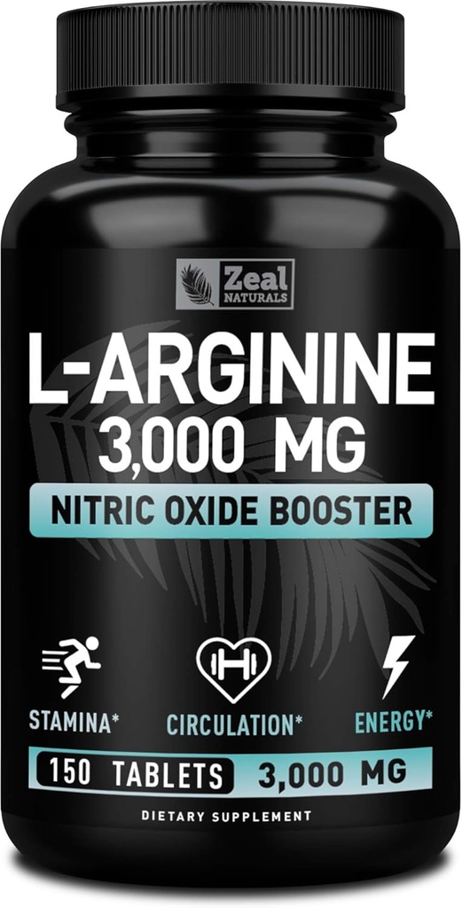 Zeal Naturals L Arginina 3000mg Cápsulas (150 Tablets tención 1000mg) Máxima Dose L-Arginina Nitric Oxide Suplemento para apoyar el crecimiento muscular, función vascular y energía - Nitric Oxide Booster