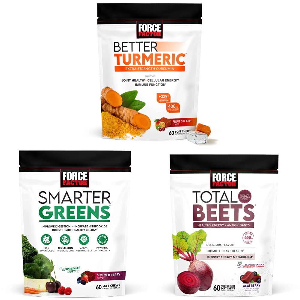 Factor de fuerza Mejor Turmérico Soporte Conjunto Suplemento &amp; Smarter Greens Superfood Chews, 60 Soft Chews & Total Beets Soft Chews, 60 Chews