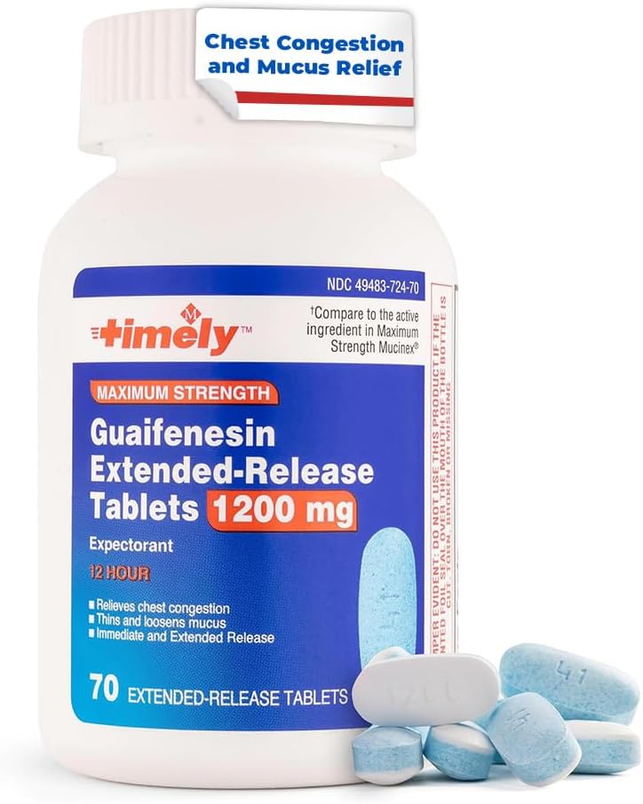 TIME-CAP LABS, INC. Timely Guaifenesin 1200 mg Extended Release Tablets - Expectorant Mucus Relief & Chest Congestion Relief for Adults - Lasts up to 12 Hours - 70 Count