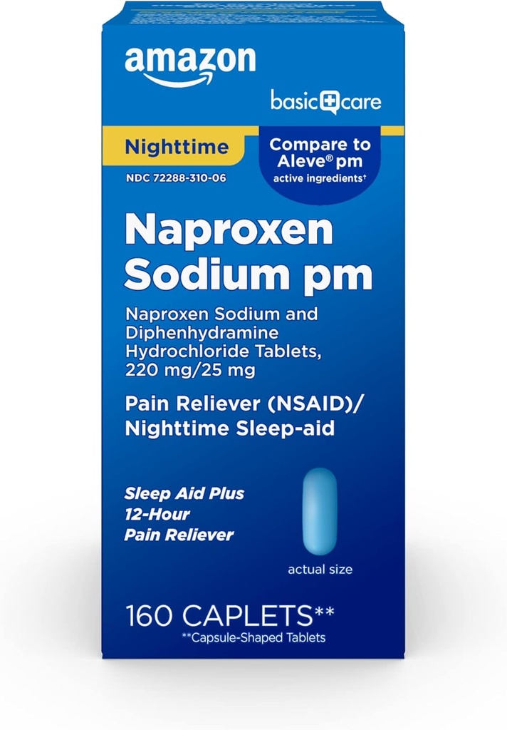Cuidado básico Alivio de dolor nocturno PM, Naproxen Sodium, 220 mg/ Hidrocloruro de Difenhidramina, 25 mg Tabletas, Dolor de Dolor/Aida de dormir nocturna, 160 Conteo