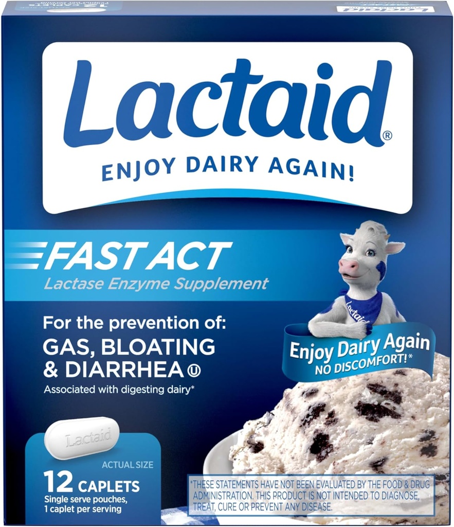 Lactaid Fast Act Lactose Intolerance Caplets with Lactase Enzyme to Prevent Gas, Bloating " Diarrhea Due to Lactose Sensitivity, Ideal para viajar " On-The-Go, 12 Packs of 1-Count