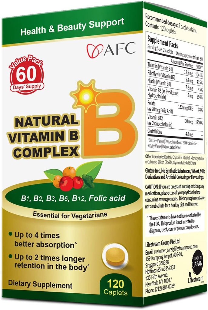 AFC Japón Complejo de vitamina B natural con B1, B2, B3, B6, B12, ácido fólico " extracto de levadura Glutathione, sin sintéticos, no transgénicos, suplemento para estrés, energía, sistema nervioso " ,120 cápsulas veganas