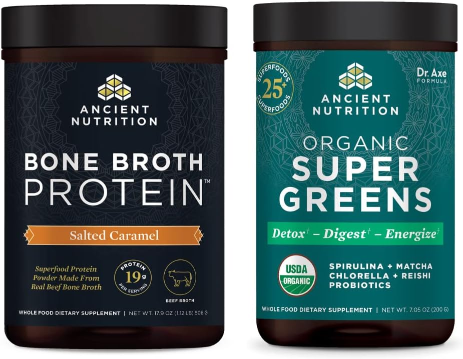 Ancient Nutrition Bone Broth Protein Powder, Salted Caramel, 20 Servings + Organic Supergreens Powder, Greens Flavor, 25 Servings