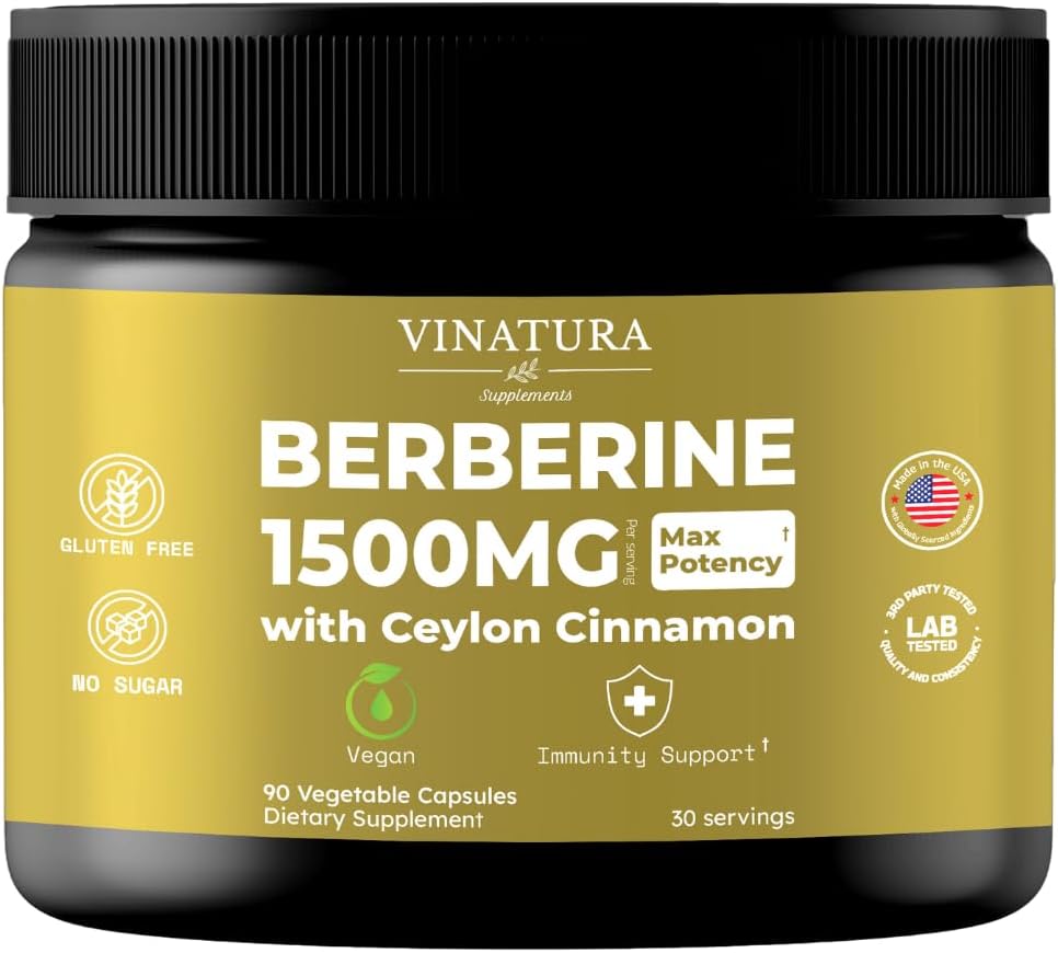 VINATURA Berberine 1500mg - Suplemento de Berberina con canela de Ceylán, Max Potency Berberine HCL - 90 cápsulas