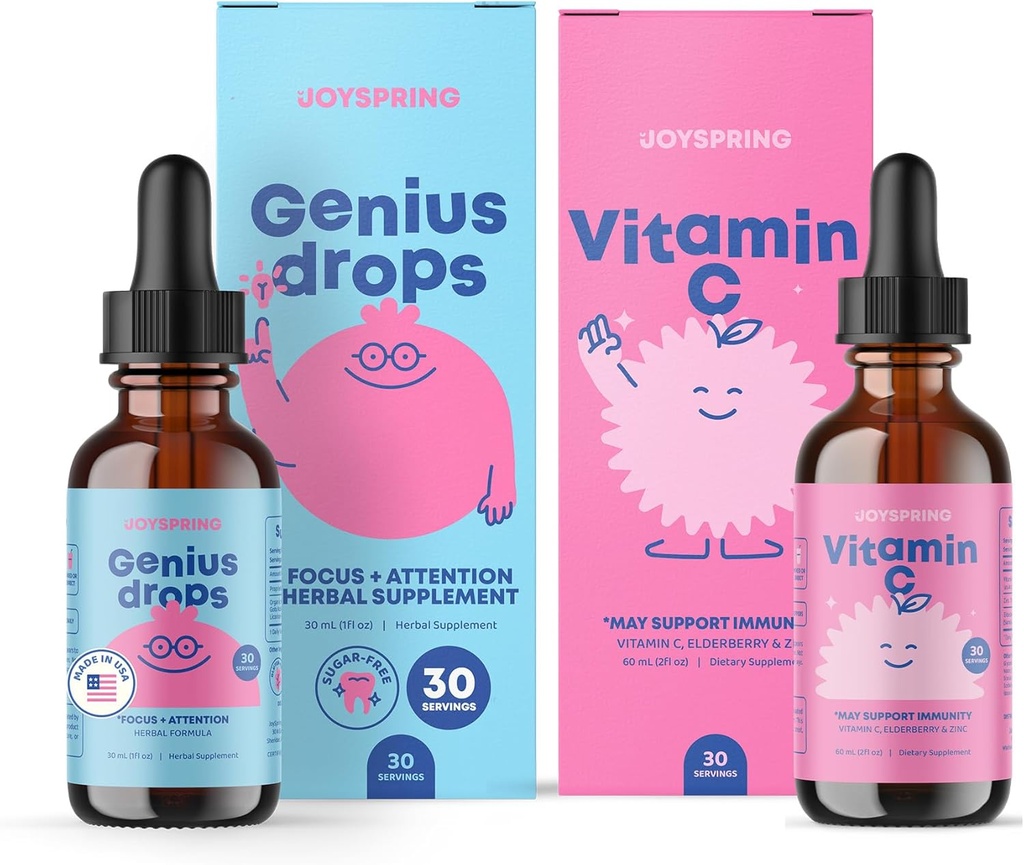 JoySpring Genius Drops &amp; Vitamina C - Escuela Backup Bundle ← Niños Vitaminas Fuente natural, No GMO, Fórmula Líquida no alcohólica, Immunity Health Support ← Vegan " Vegetarian Supplement Drops